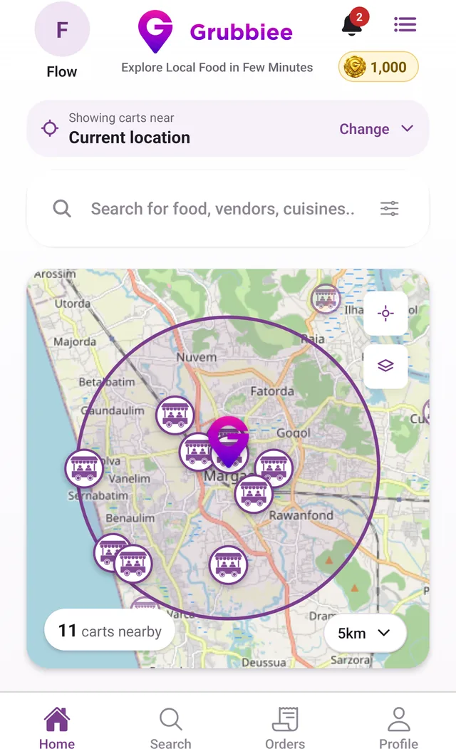 Grubbiee home screen with food carts on a map