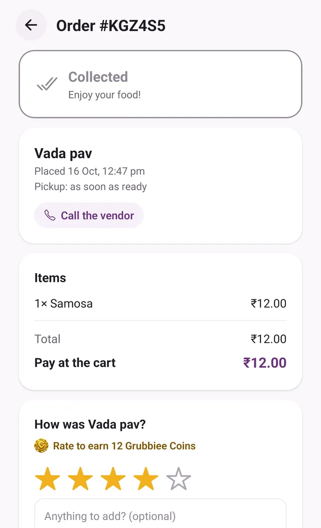 A collected order with a star rating card offering Grubbiee Coins